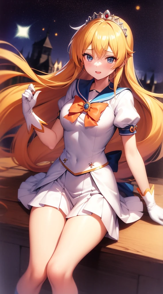 Meisterwerk, best quality, hight resolution, Venus1, 1girls, nur, Matrosen-Senshi-Uniform, Sailor Venus, Aino Minako, blondes Haar, magical girl, blaue Augen, Orangefarbener Rock, Ellbogen-Handschuhe, Tiara, Faltenrock, Haarschleife, orangefarbener Matrosenkragen, Minirock, Halskette, Rote Schleife, orange Halskette, white gloves, sehr langes Haar, Schmuck, Ohrringe, sitzend, gekreuzte Beine,