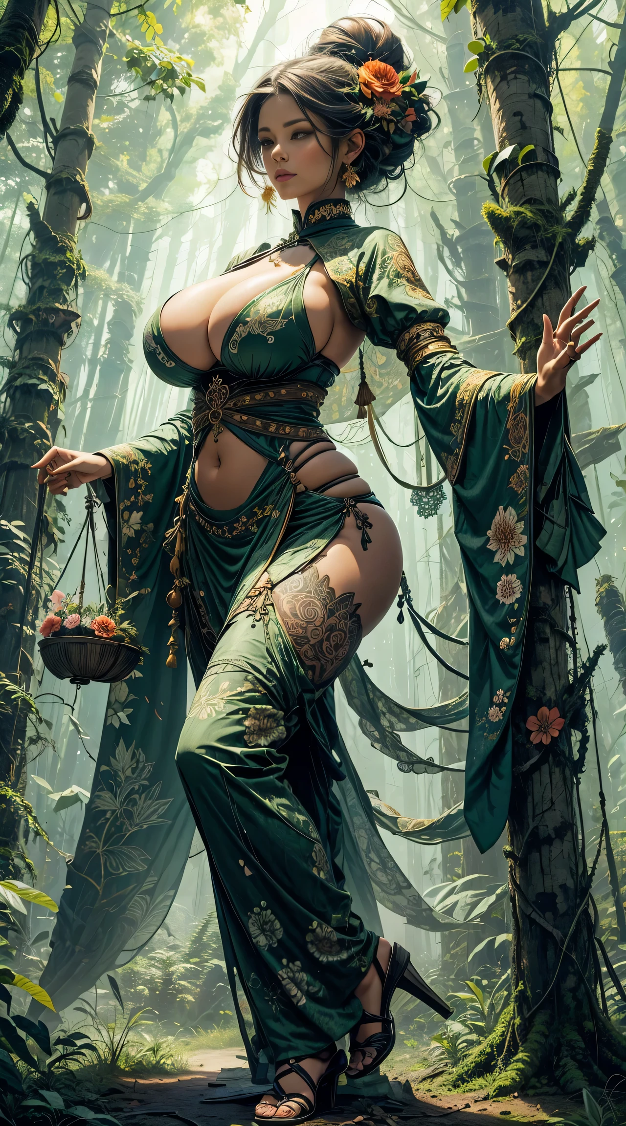1 with forest sexy clothes, flowers, leaves, mandalas, fractal, woman, huge breasts, wide hips, tall, sexy legs, voluptous