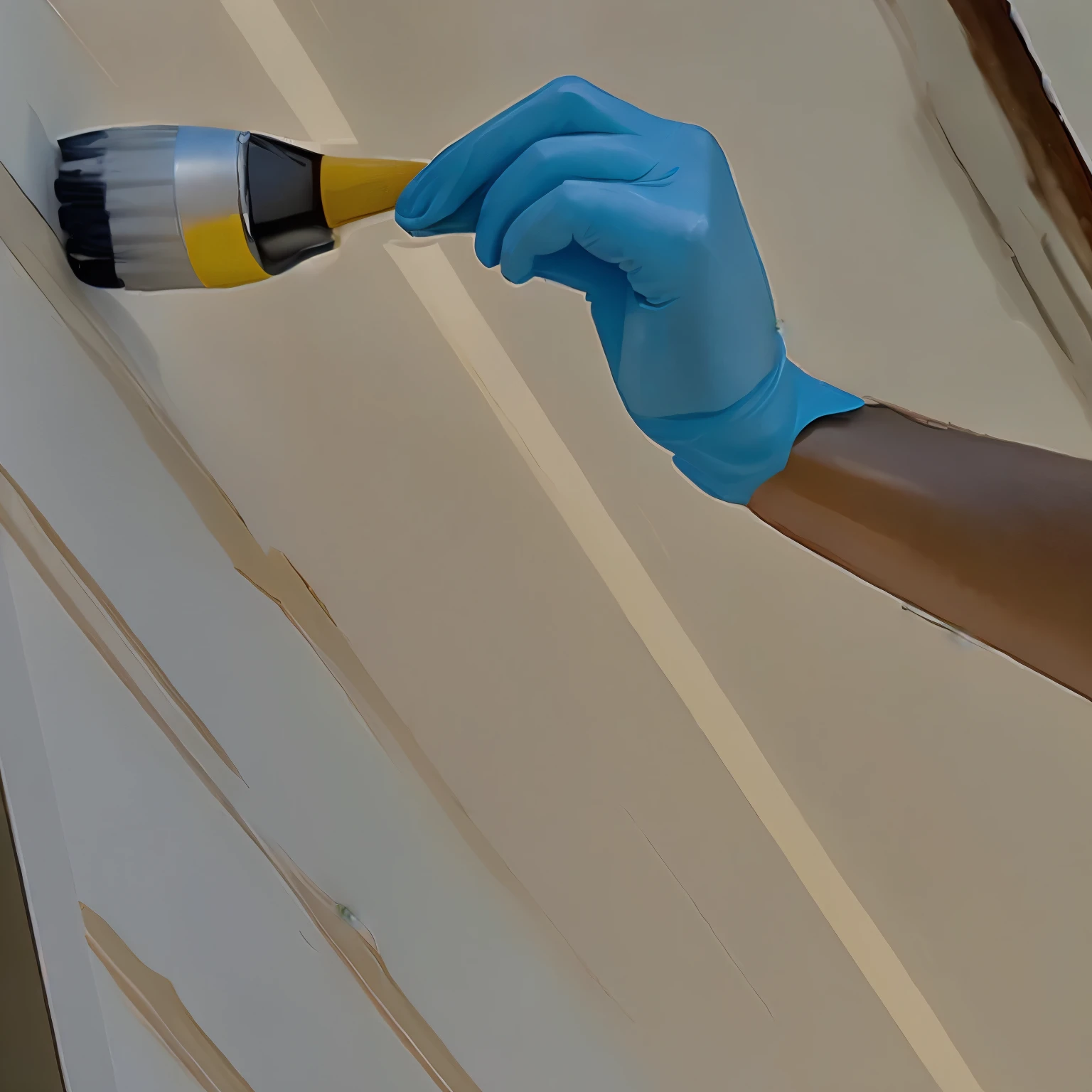Brush in one hand, painting a wall. Photographs, photography, partial close-ups.