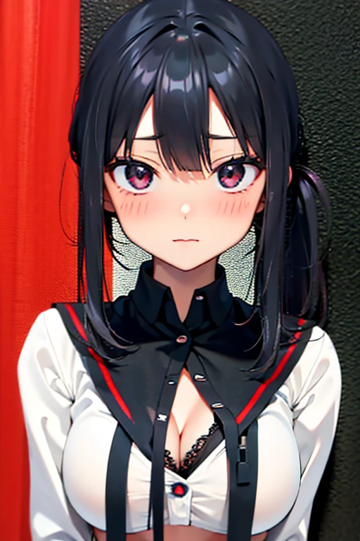 anime girl, black hair, sexy , ponytail, school uniform, giving a boobjob, white bra, blushing, large breast