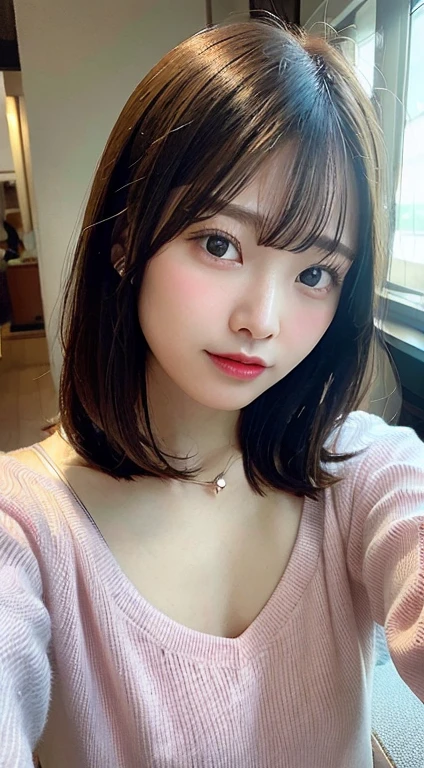 Beautiful woman with calm and attractive Japan、fully body photo、Delicate and y collarbone、Attractive plump face、二重まぶた、Smart leaning eyes、Pink lips、small upturned nose、tiny chest、bare shoulders​、Focused face、facial close-up、Ultra-high definition、Cotton jersey sweatshirt with highly detailed and elegant appliqués、Made from cotton jersey、Features a loose and languid silhouette。selfee。