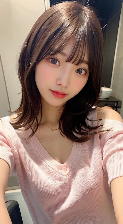 Beautiful woman with calm and attractive Japan、fully body photo、Delicate and sexy collarbone、Attractive plump face、二重まぶた、Smart leaning eyes、Pink lips、small upturned nose、tiny chest、bare shoulders、Focused face、facial close-up、Ultra-high definition、Cotton jersey sweatshirt with highly detailed and elegant appliqués、Made from cotton jersey、Features a loose and languid silhouette。selfee。