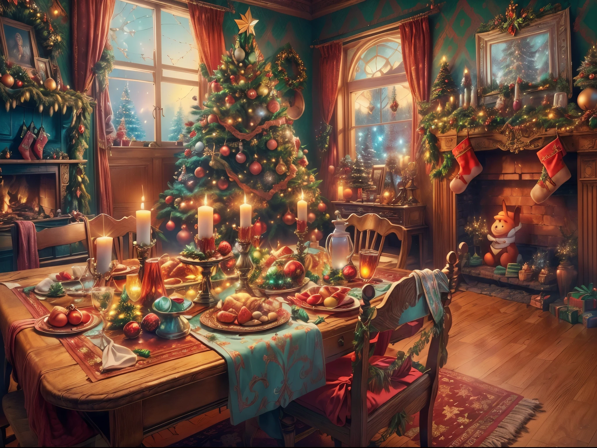 (Masterpiece: 1.2), (Long shot: 1.8), Vibrant colors, magical atmosphere, whimsical, ((starry sky with North Star shining)), (European style interior house, Christmas decorations, fireplace with residual warmth , colored lights hanging on the stairs, gifts wrapped in colorful  under the Christmas tree, pile of gifts on the floor, wooden floor, decorated pine tree, parquet floor, mantel, red and green, Christmas atmosphere, traditional Christmas, Festive atmosphere, Merry Christmas, gift tags, Christmas wreaths, decorations, tinsel ribbons, Christmas tree lights, candies, gingerbread men, lights), (The room is decorated in a strong Christmas atmosphere. A string of shining ones hangs on the wall Colored lights, a Christmas wreath and a small snowman are placed on the windowsill, and a beautifully decorated Christmas tree stands in the corner of the room. (On the table, there are exquisite tableware and red plates. In the center of the table, there is a rich Christmas feast , next to a bottle of red wine and two exquisite wine glasses, bringing warmth and comfort to the entire room). (First Person View, Ultra HD, Masterpiece, Accurate, Anatomically Correct, Textured Skin, Super Detailed, High Detailed, High Quality, Award-Winning, Best Quality, 8K), Surreal, Psychedelic, Intricate Details, Textured, Ethereal, Dream-like, Soft Glowing Light, Mesmerizing Patterns, Fantasy Creatures, Hidden surprises, dreamlike landscapes, surreal color palette, mystical aura, surreal, enchanting journey, psychedelic trip, vivid imagination, immersive experience, mysterious creatures, otherworldly charm, glowing path, illuminated Magical Christmas, surreal sky, whimsical Christmas-themed room, a magical encounter, enchanting artwork, (super high saturation, vivid and bright: 1.8)