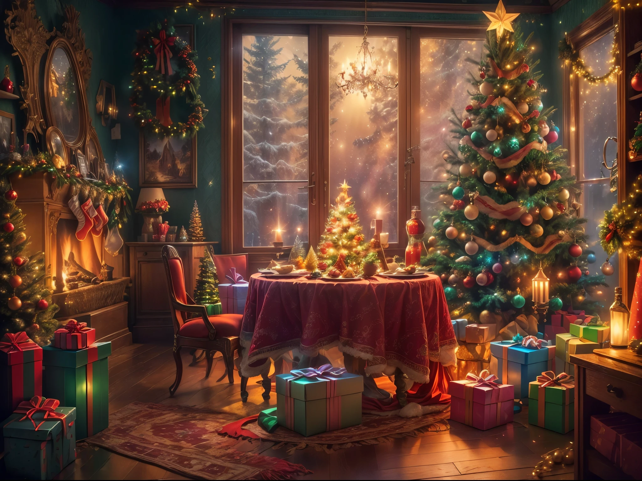 (Masterpiece: 1.2), (Long shot: 1.8), Vibrant colors, magical atmosphere, whimsical, ((starry sky with North Star shining)), (European style interior house, Christmas decorations, fireplace with residual warmth , colored lights hanging on the stairs, gifts wrapped in colorful  under the Christmas tree, pile of gifts on the floor, wooden floor, decorated pine tree, parquet floor, mantel, red and green, Christmas atmosphere, traditional Christmas, Festive atmosphere, Merry Christmas, gift tags, Christmas wreaths, decorations, tinsel ribbons, Christmas tree lights, candies, gingerbread men, lights), (The room is decorated in a strong Christmas atmosphere. A string of shining ones hangs on the wall Colored lights, a Christmas wreath and a small snowman are placed on the windowsill, and a beautifully decorated Christmas tree stands in the corner of the room. (On the table, there are exquisite tableware and red plates. In the center of the table, there is a rich Christmas feast , next to a bottle of red wine and two exquisite wine glasses, bringing warmth and comfort to the entire room). (First Person View, Ultra HD, Masterpiece, Accurate, Anatomically Correct, Textured Skin, Super Detailed, High Detailed, High Quality, Award-Winning, Best Quality, 8K), Surreal, Psychedelic, Intricate Details, Textured, Ethereal, Dream-like, Soft Glowing Light, Mesmerizing Patterns, Fantasy Creatures, Hidden surprises, dreamlike landscapes, surreal color palette, mystical aura, surreal, enchanting journey, psychedelic trip, vivid imagination, immersive experience, mysterious creatures, otherworldly charm, glowing path, illuminated Magical Christmas, surreal sky, whimsical Christmas-themed room, a magical encounter, enchanting artwork, (super high saturation, vivid and bright: 1.8)