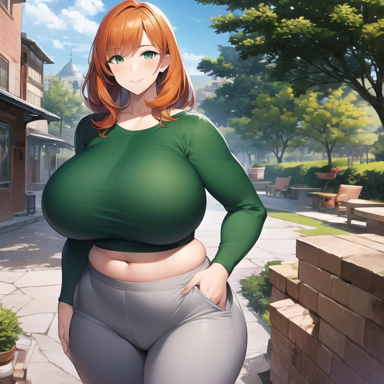 masterpiece, best quality, (realistic), 1girl, solo, mature female, milf, motherly, straight hair, orange hair, green eyes, gigantic breasts, narrow waist, wide hips, curvy, brown shirt, long sleeves, grey pants, sweats, outdoors, hands in pockets, smile, looking at viewer