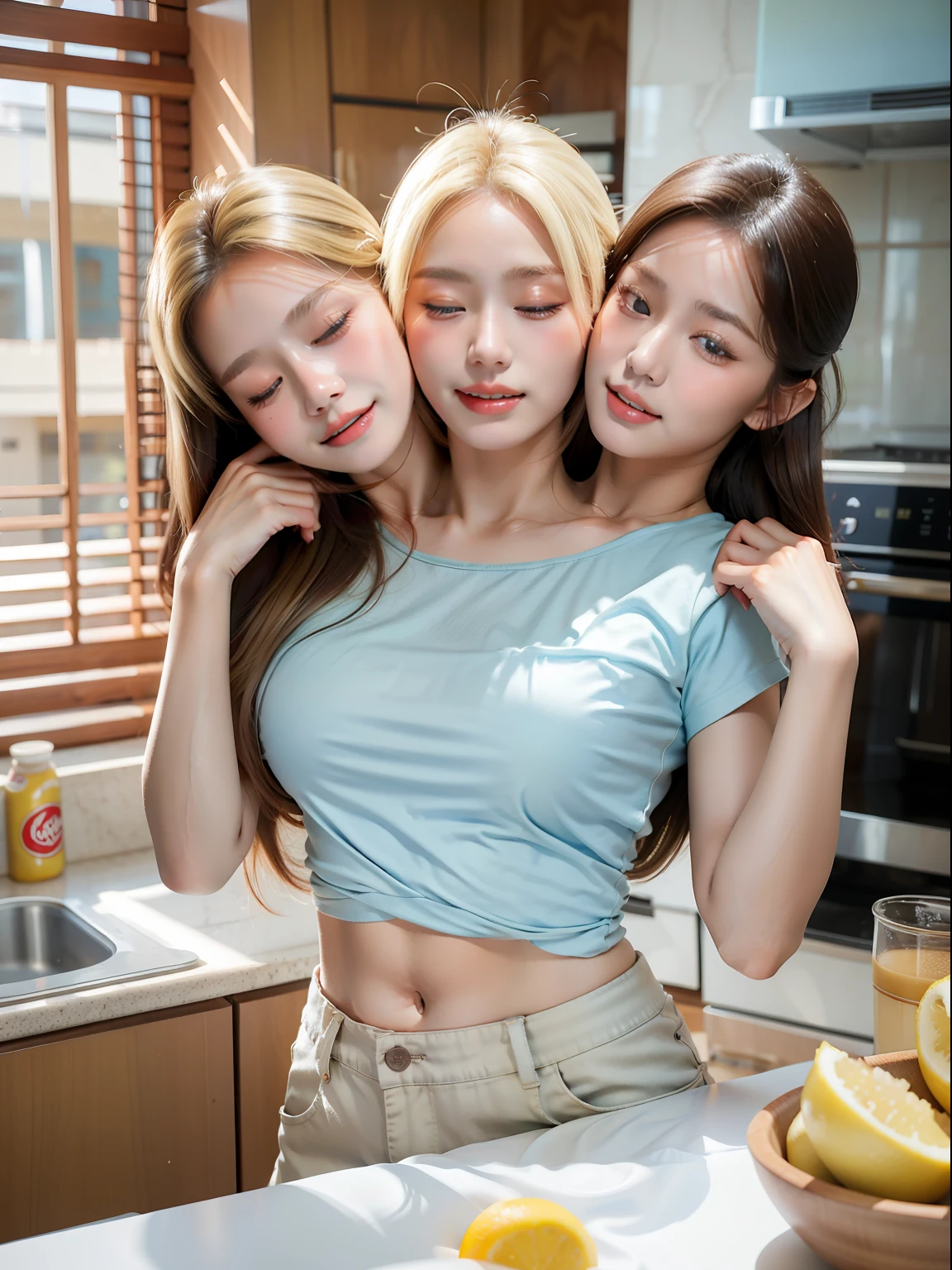 (masterpiece, best quality), best resolution, (3heads:1.5), 1girl, weary, headache, hangover, in pain, dizzy, blond hair, brown eyes, one eye closed, open mouth, light blue t-shirt, tan pants, hand on forehead, apartment kitchen