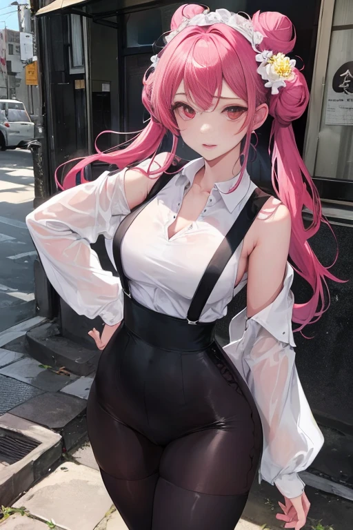 tmasterpiece、Need、1female、a blue dress,Ancient style China、 White cloth bun bun bun、Shoulder leakage、The chest is large、chubbiness、ssmile、Black suspender tights、lace leggings、pale pink lip、Pose on the street,(drenched all over the body),legs are open, 独奏, White polo shirt, looking at viewert, (Thigh thick:1.0),Yazawa Nico,red eyes, face flushed,Blunt hair,both hands on hip,greet,Flower headdress,