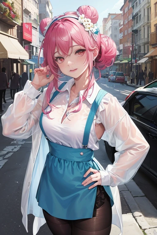 tmasterpiece、Need、1female、a blue dress，Ancient style China、 White cloth bun bun bun、Shoulder leakage、The chest is large、chubbiness、ssmile、Black suspender tights、lace leggings、pale pink lip、Pose on the street，（drenched all over the body），legs are open， 独奏, White polo shirt, looking at viewert,  (Thigh thick:1.0),Yazawa Nico,red eyes, face flushed,Blunt hair,both hands on hip，greet，Flower headdress，