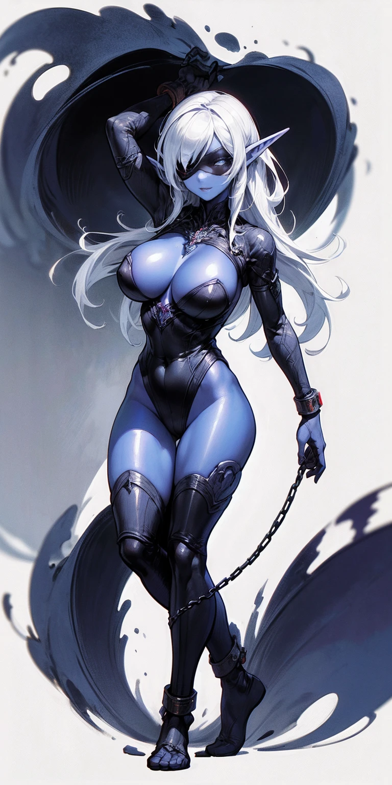 (masterpiece), (best quality), (ultra-detailed), line drawing, skindentation, (high resolution), cowboy shot, blindfold, blinfolded eyes, female big breast, full body, fetal positon on bed (shackles on legs and arms inside bed), (high quality, best rendering), (8k), sharp focus, highres, 1girl, drow, colored skin, dark elf, pointy ears, (high quality:1.2), (high detail:1.2), (masterpiece:1.2), (extremely detailed:1.2)