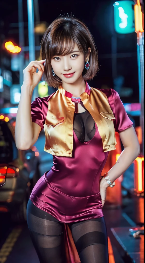 8K, masutepiece, Raw photo, Best Quality, Photorealistic, Highly detailed CG Unity 8k wallpaper, depth of fields, Cinematic Light, Lens Flare, Ray tracing, (Extremely beautiful face, Beautiful lips, Beautiful eyes), intricate detail face, ((Ultra detailed skin)) 1girl in, In the Dark, deepshadow, Pretty Korean girl, Flashy makeup with red eyeshadow,her shortcut, Delicate light brown hair is slightly disheveled with side waves.,wearing large ring earrings,Kpop Idol, 1 girl, (Very slim and slender fit muscular body:1.3), ((Looking at Viewer)),(Big smile:1.3), (magenta and black blouse), (sleeve fashion city night, a dark night, (Neon sign), (Blurred background), Fashion Street Night),(No people in the background:1.3), Beautiful earrings, Bracelets, Necklace, pantyhose, Clear eyes, Walking, (pale skin), (big eye ace forward, ((upperbody shot)), ((silk color dresses:1.3)),(Brown hairs),((tight fit lace dress)), (see through), (Looking at Viewer:1.3) opened breast, Very slim, medium breasts, backtrack,((Back shot)), see through, Medium Butt, Mini skirt, updo hair, ((Spread thighs)),frombelow:1.4
