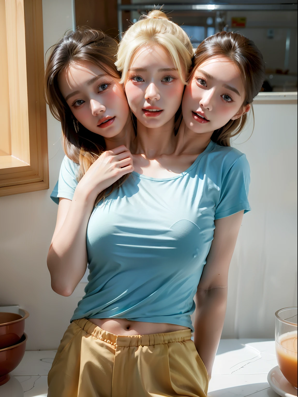 (masterpiece, best quality), best resolution, (3heads:1.5), 1girl, weary, headache, hangover, in pain, dizzy, blond hair, brown eyes, open mouth, light blue t-shirt, tan pants, hand on forehead, apartment kitchen