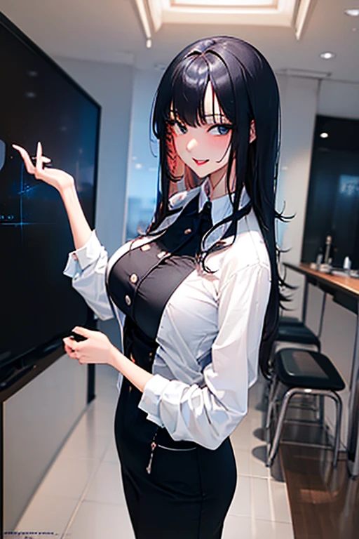 ((Masterpiece, Best Quality)), High Resolution, (1 person), ((Female Teacher)), Black Hair, (OL)), Bangs, Big, (Breast Augmentation), Slim, Sexy, Spiteful Smile, [Wide Hips], Classroom, Standing, Seduction, Blushing, Frontal, Watching Viewer, Face Up, Face More, Upper Body, Sweat, Drooling, Black Suit, blue eyes, sexy