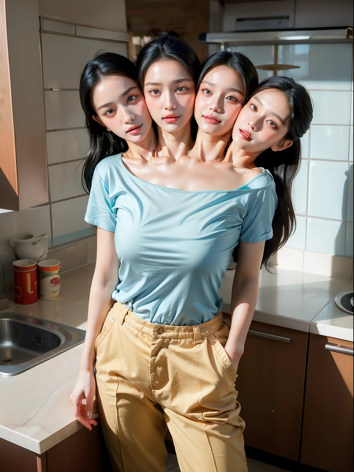 (masterpiece, best quality), best resolution, (3heads:1.5), 1girl, weary, headache, hangover, in pain, dizzy, extremely wide hair, black hair, brown eyes, open mouth, light blue t-shirt, tan pants, hand on forehead, apartment kitchen