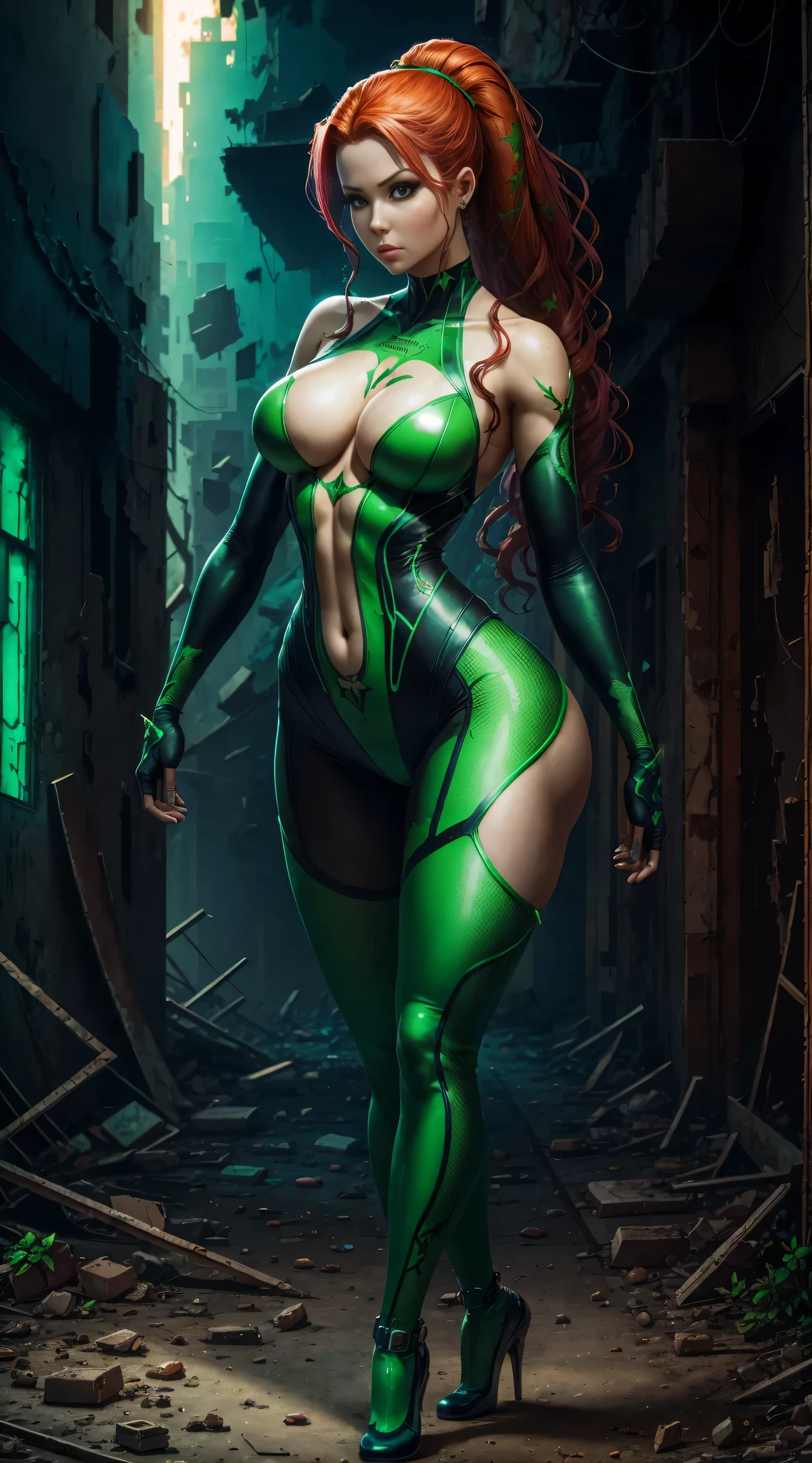 Poison Ivy, wide hip, full body, graceful curves, cybernetic leotard, extreme beauty, in abandoned city