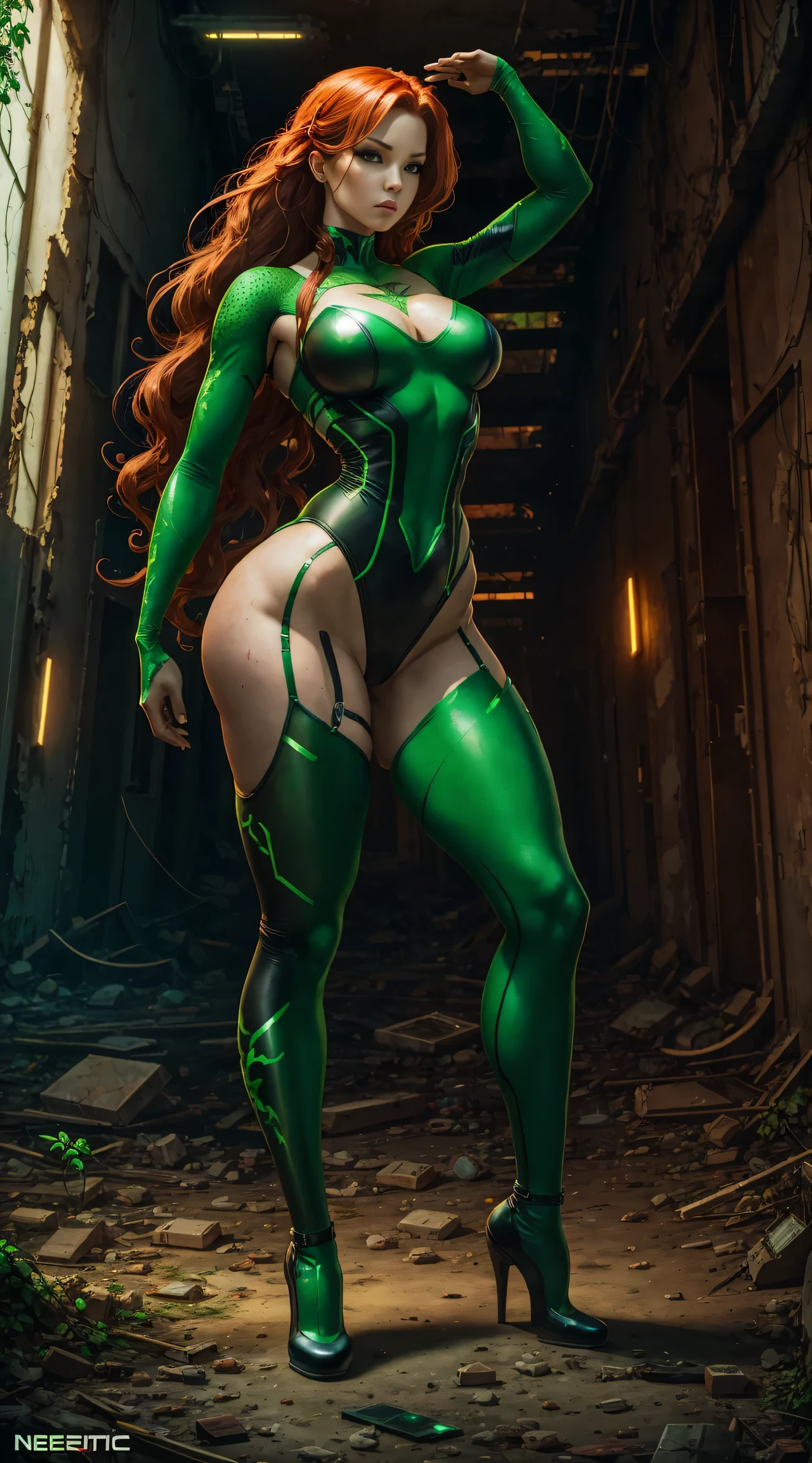 Poison Ivy, wide hip, full body, graceful curves, cybernetic leotard, extreme beauty, in abandoned city