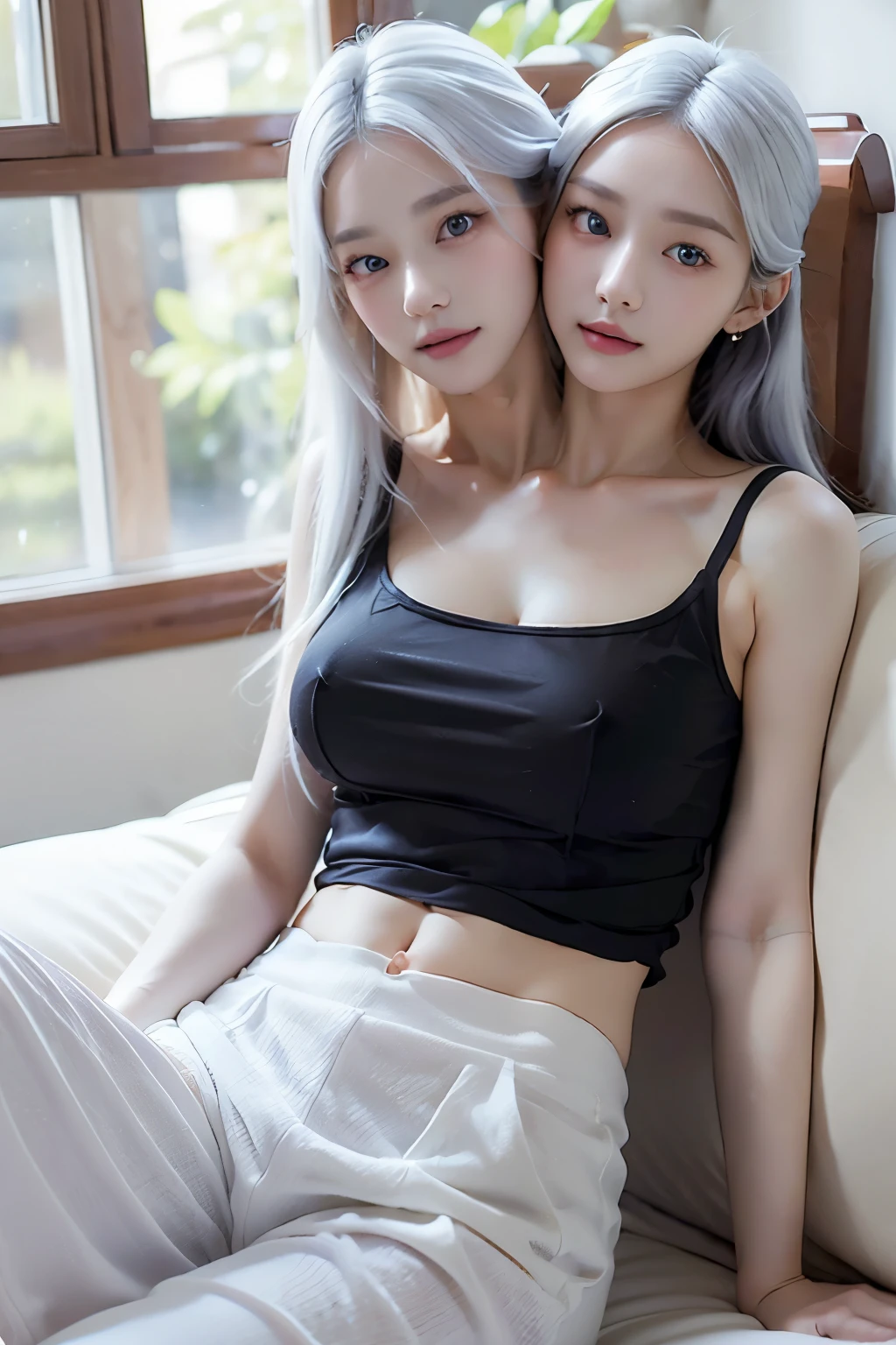 (masterpiece, best quality), best resolution, (2heads:1.5), 1girl, bored, white hair, extremely long hair, purple eyes, close-up, facing viewer, eyes halfway closed, black tank top, white polka dot long pants, on bed, raining outside, rainy day, dark clouds