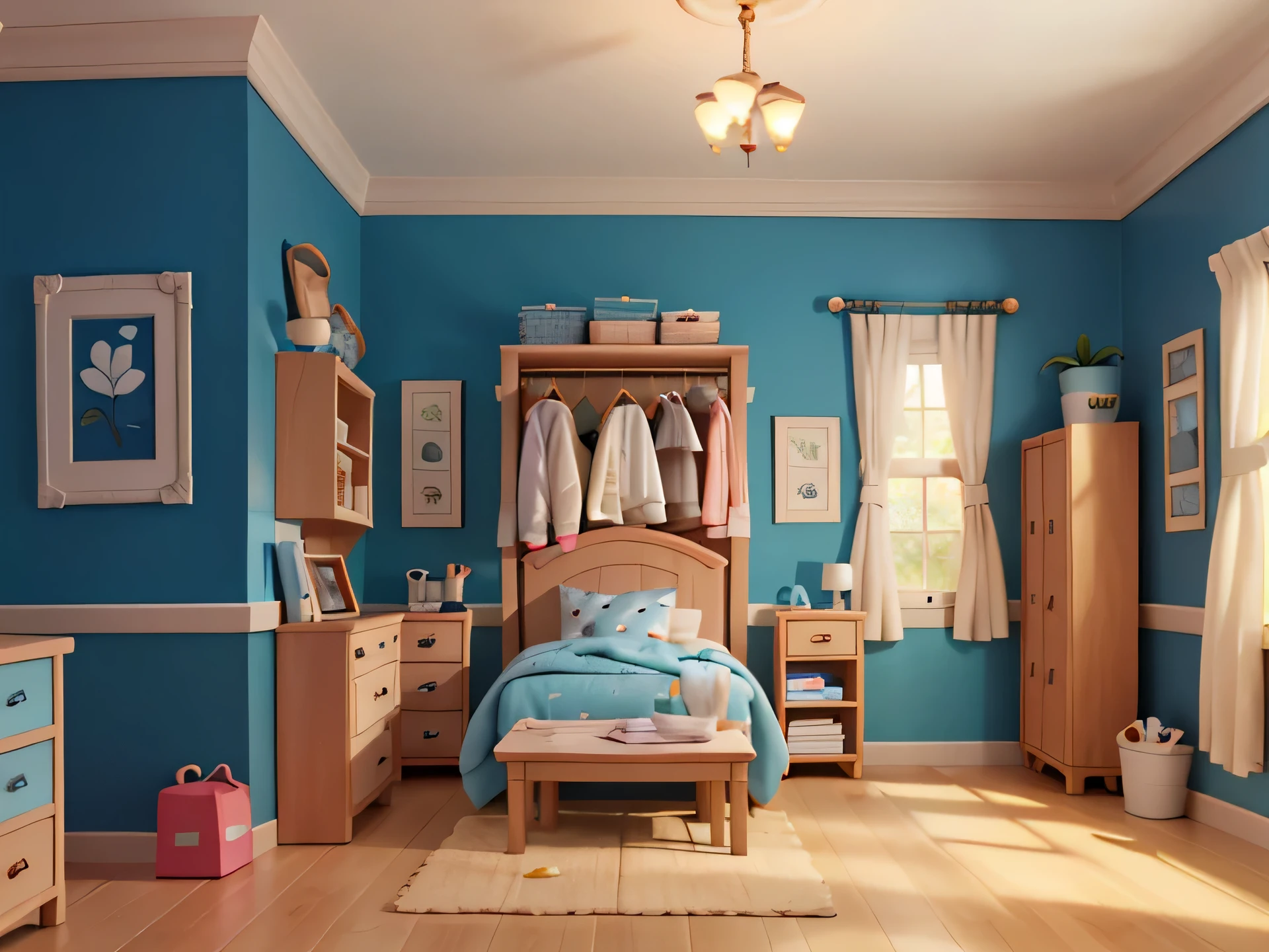 blue and white colour scheme，Bedrooms，wardrobe，Clothes are，table light