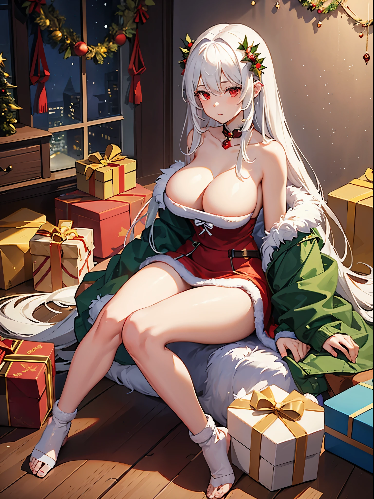 Female, White Hair, Big Boobs, Long Hair, Red Eyes, Wearing Christmas Costume, Collarbone, No Pants or Skirt, Christmas Shoe, Sitting on the floor, Inside a building, Christmas Tree in the background,