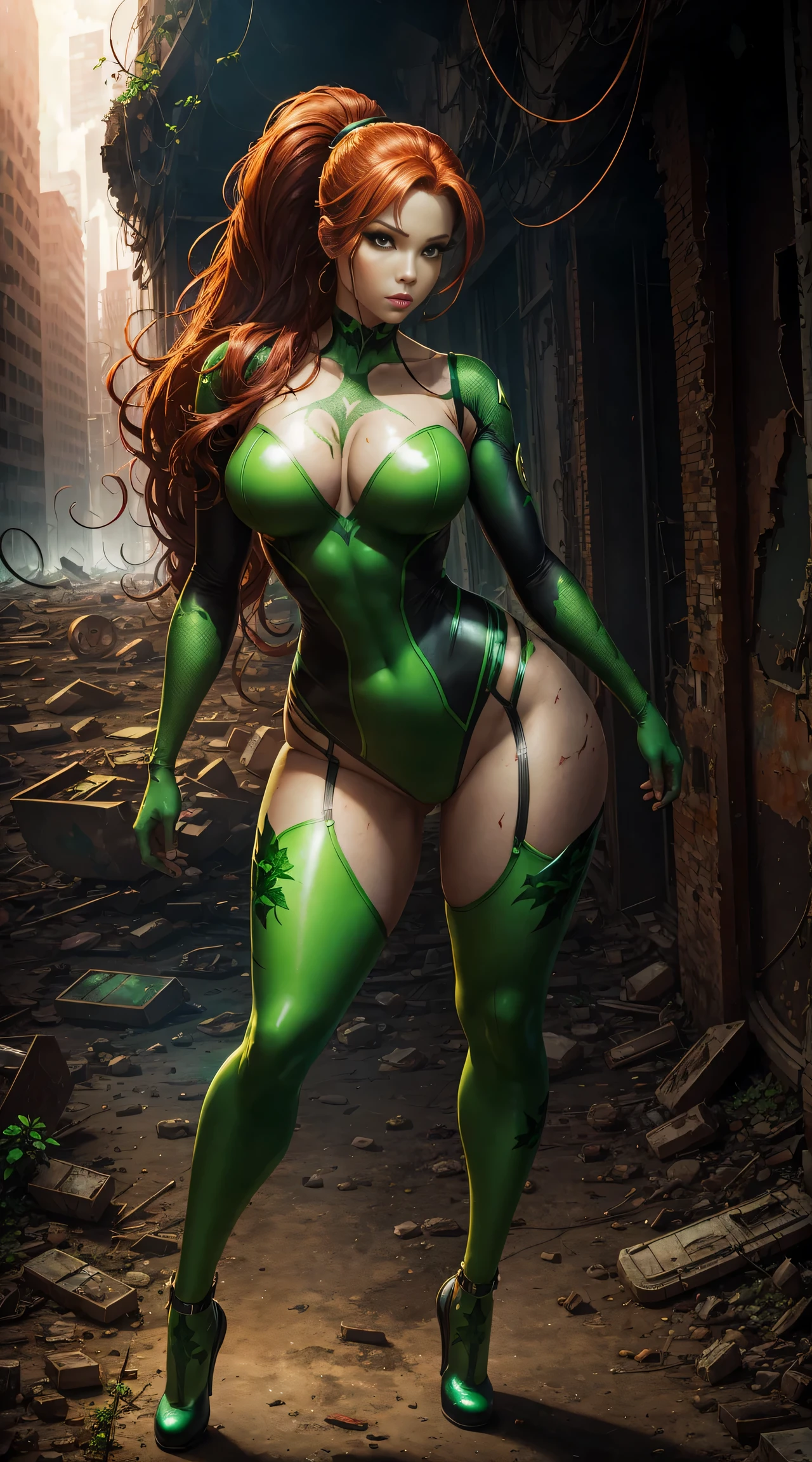 Poison Ivy, wide hip, full body, graceful curves, cybernetic leotard, extreme beauty, in abandoned city