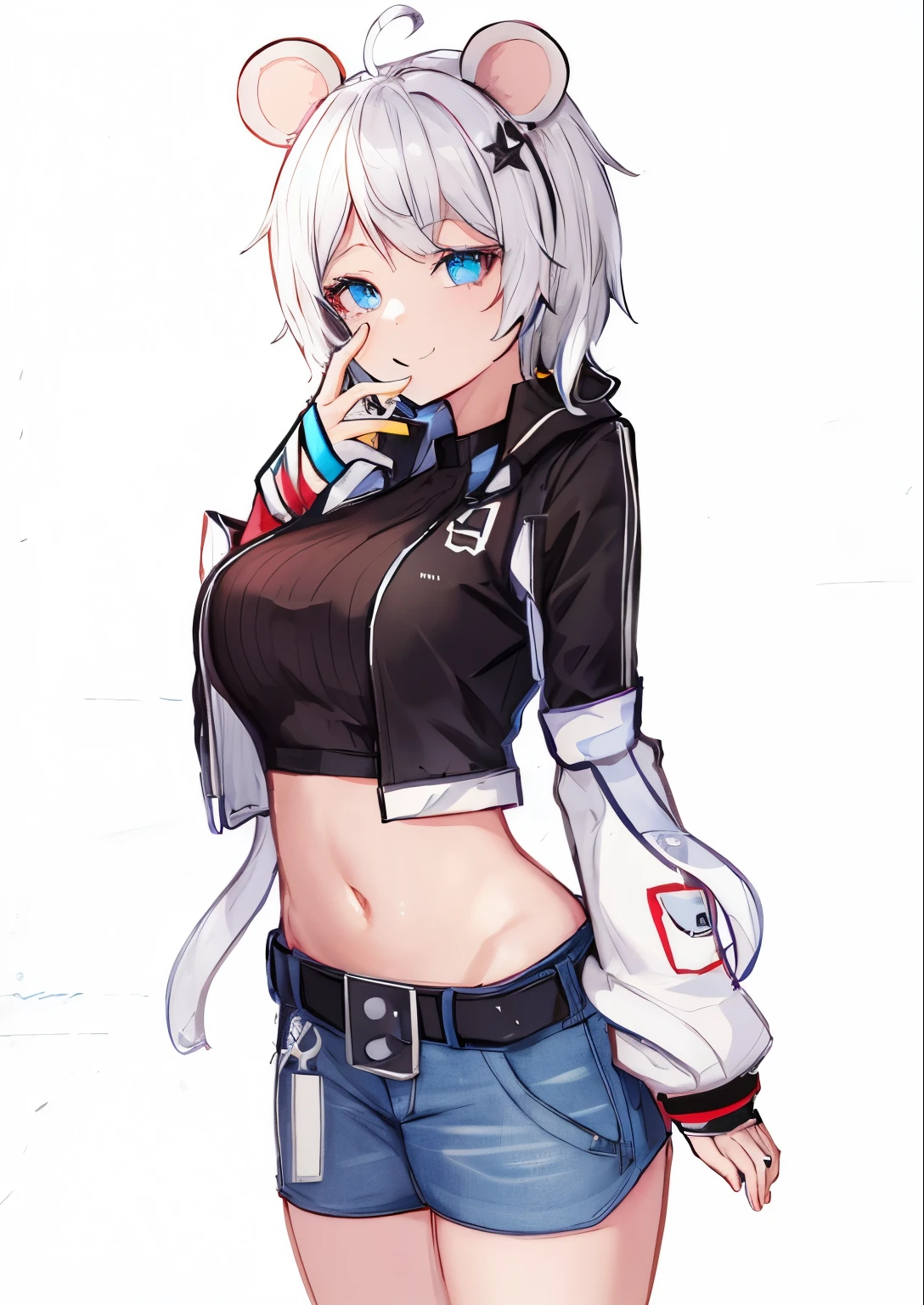 a girl wearing a jacket, mouse ears, jeans hotpants, black croptop, silver hair, masterpiece, best quality, detailed hair, detailed face, beautiful eyes