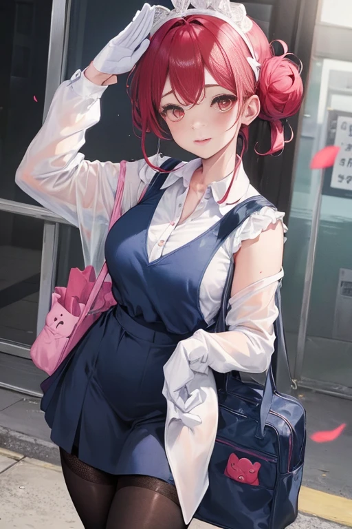tmasterpiece、Need、1 female student、a blue dress,White cloth bun bun bun、Shoulder leakage、The chest is large、chubbiness、ssmile、Black suspender tights、lace leggings、pale pink lip、posing at school,(drenched all over the body),legs are open, 独奏, White polo shirt, looking at viewert, (Thigh thick:1.0),Yazawa Nico,red eyes, face flushed,Blunt hair,both hands on hip,greet,Flower headdress,Carrying a school bag,saluting