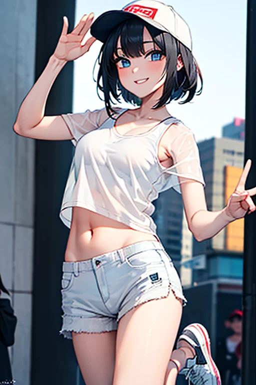 (masterpiece:1.3),(highly detailed:1.3),(highres:1.1),best quality,Ultra-detail,1girl,solo,street,waving,centi \(supreme holiday\),baseball cap,white shirt,see-through shirt,navel,tank top,short shorts,sneakers,smile,looking at viewer,sexy, black hair, blue eyes