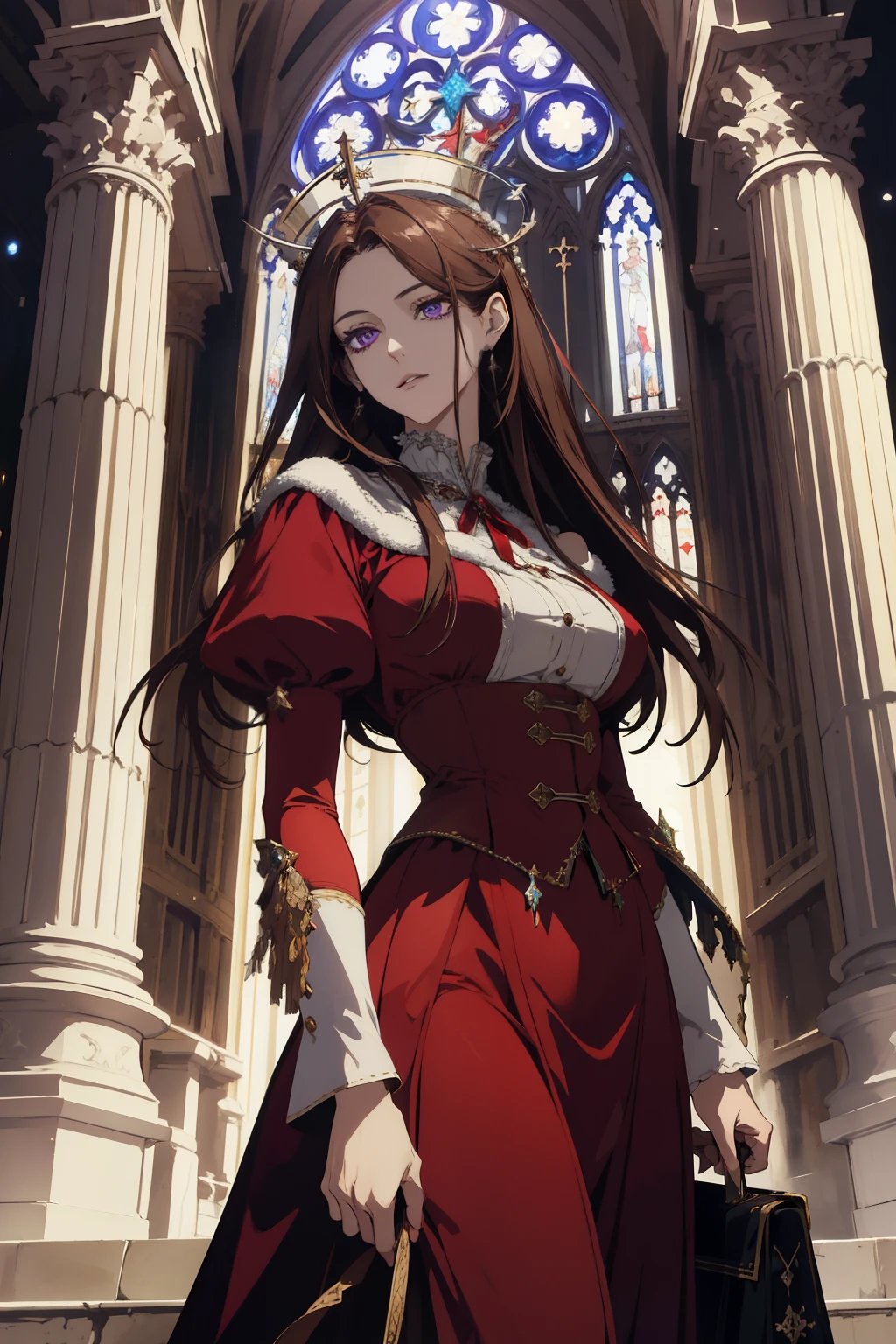 Holiday masterpiece, (absurdres:1.1), best quality, extremely delicate, (beautiful face:1.1), elegant, full clothes (great composition), bags under eyes, (dark:1.1), highly detailed exquisite portrait Victorian era inspiration anime - style image of a woman in a red dress standing in front of a large cathedral pretty female cleric, female cleric, inspired by Li Chevalier, cleric, dressed like a cleric, majestic saint woman, inspired by Valéria Dénes, with a saint's halo, female protagonist 👀 :8, official character art, masterpiece goddess of sorrow BROWN HAIR purple eye color middle aged woman Christmas theme holidays December