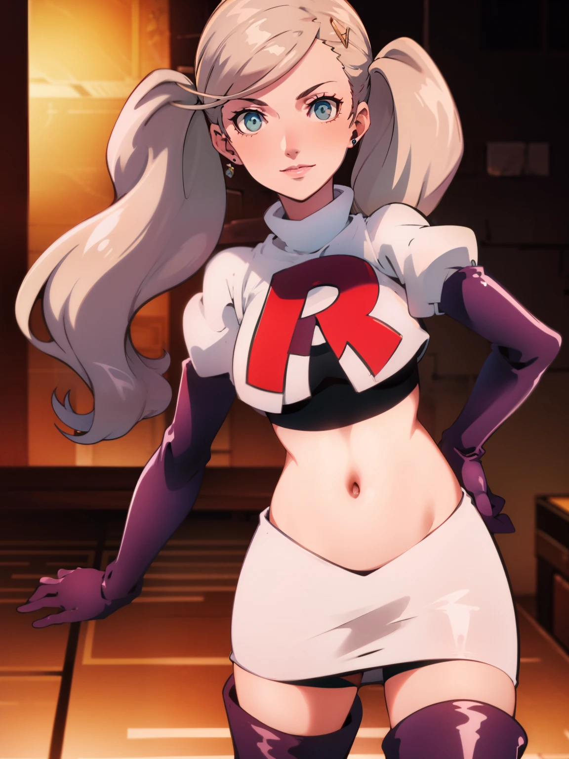 AnnTak, glossy lips ,team rocket uniform, red letter R, white skirt,white crop top,black thigh-high boots, black elbow gloves, evil smile, looking at viewer, cowboy shot