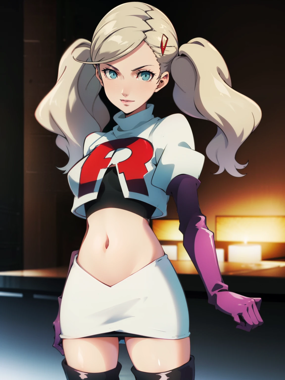 AnnTak, glossy lips ,team rocket uniform, red letter R, white skirt,white crop top,black thigh-high boots, black elbow gloves, evil smile, looking at viewer, cowboy shot