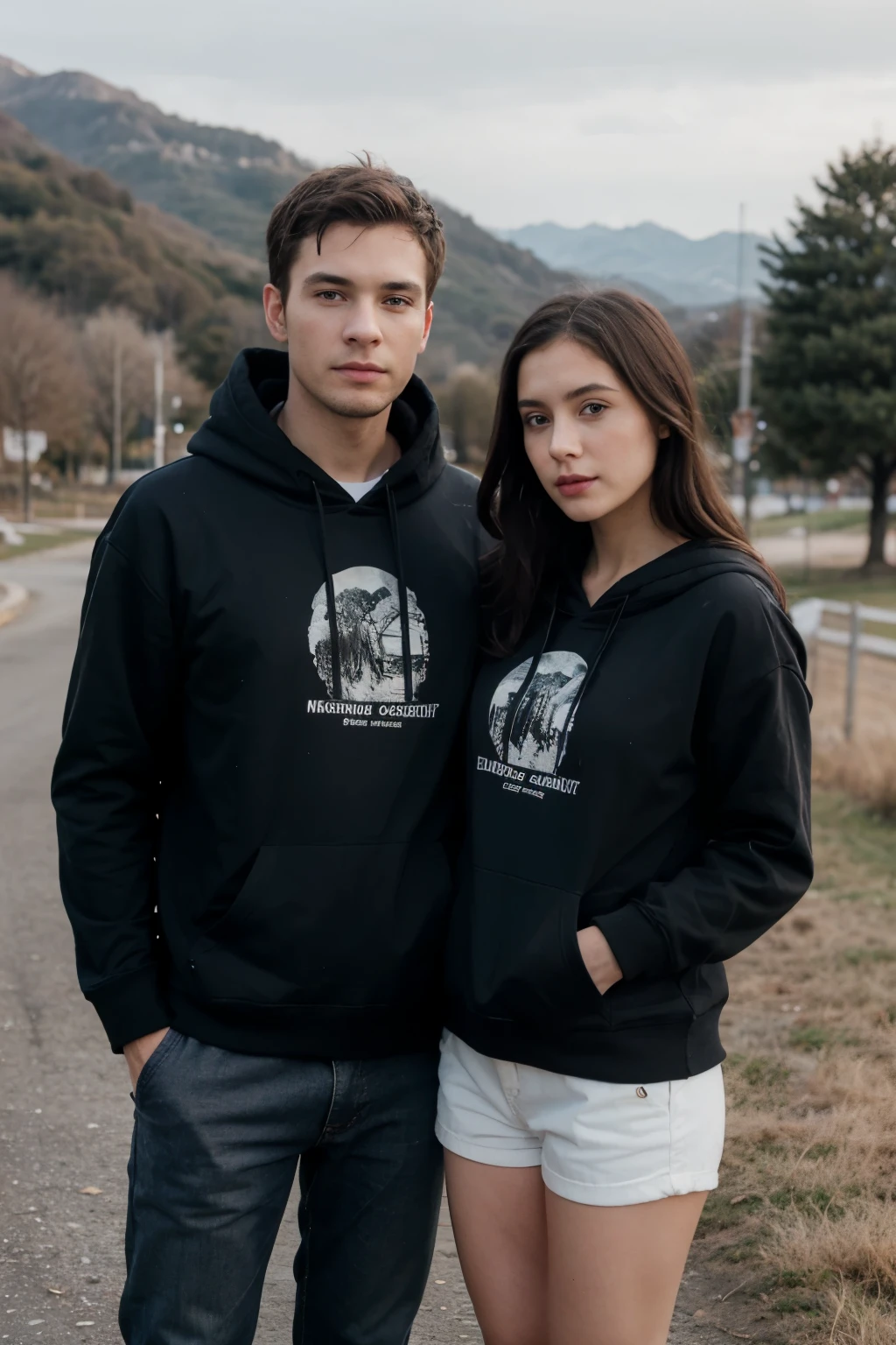 ((best quality)), ((masterpiece)), (detailed), perfect face girl use black hoddie with boy, standing, couples, landscape