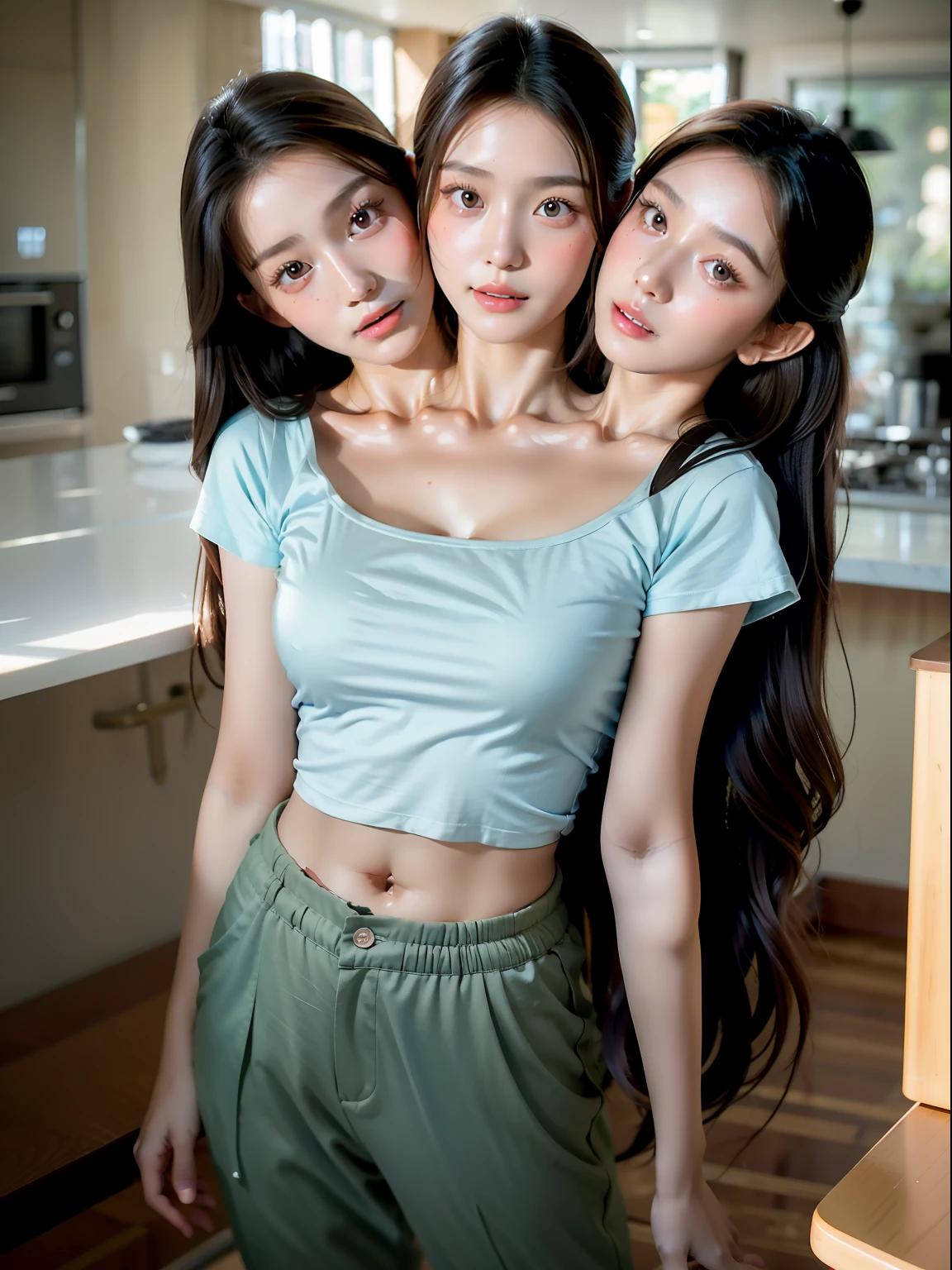 (masterpiece, best quality), best resolution, (3heads:1.5), 1girl, extra heads, extremely long hair, weary, headache, hangover, in pain, dizzy, extremely wide hair, brown straight hair, brown eyes, open mouth, light blue t-shirt, tan pants, hand on forehead, apartment kitchen