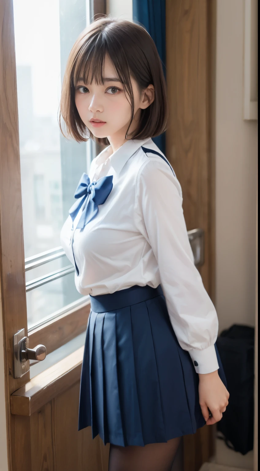 hight resolution、high-level image quality、8K、Real live-action、生a picturegraphy、top-quality、​masterpiece、masutepiece、Erotic、Pupils、Pink bra,de pele branca,kne,(Black pantyhose),Detailed panty patterns、panties focus、pink color panties、Tiny panties、absurderes,a small face、huge-breasted、Parting the bangs from the middle、Forehead visible,(a cold expression<The eyeがきつめ,glares,Bullish,Thin anger)、​masterpiece,top-quality、超hight resolution,生a picture,ren,Beautiful fece,One Person, 独奏,Dark look,Small breasts,fullllbody、Very nice、JK school uniform,hi-school girl,A Japanese Lady,is standing,（Photorealsitic：1.37）、Photon mapping,Light blue ribbon,Realistic、Cute little face,ブラウンThe eye、Black socks、22year old、(Red bow tie)、Radio City、Physically Based Rendering、Foreground、depth of field rally background、a picture,girl with,beauty legs, Long legs, Thin leg,Long bob cut,(Bangs are visible), hair, s lips, Blue_The eye, nosesoft,(white  shirt), (Navy pleated skirt), Navy blue uniform jacket、White Sweater Vest、kneが見える,Sheer clothing,, Thigh, Black cotton socks,Nogizaka Idol, , Japanese ido、Sparkling eyes、光沢のあるs lips、legs showing、low angle shot from below、pantyshot、white panty