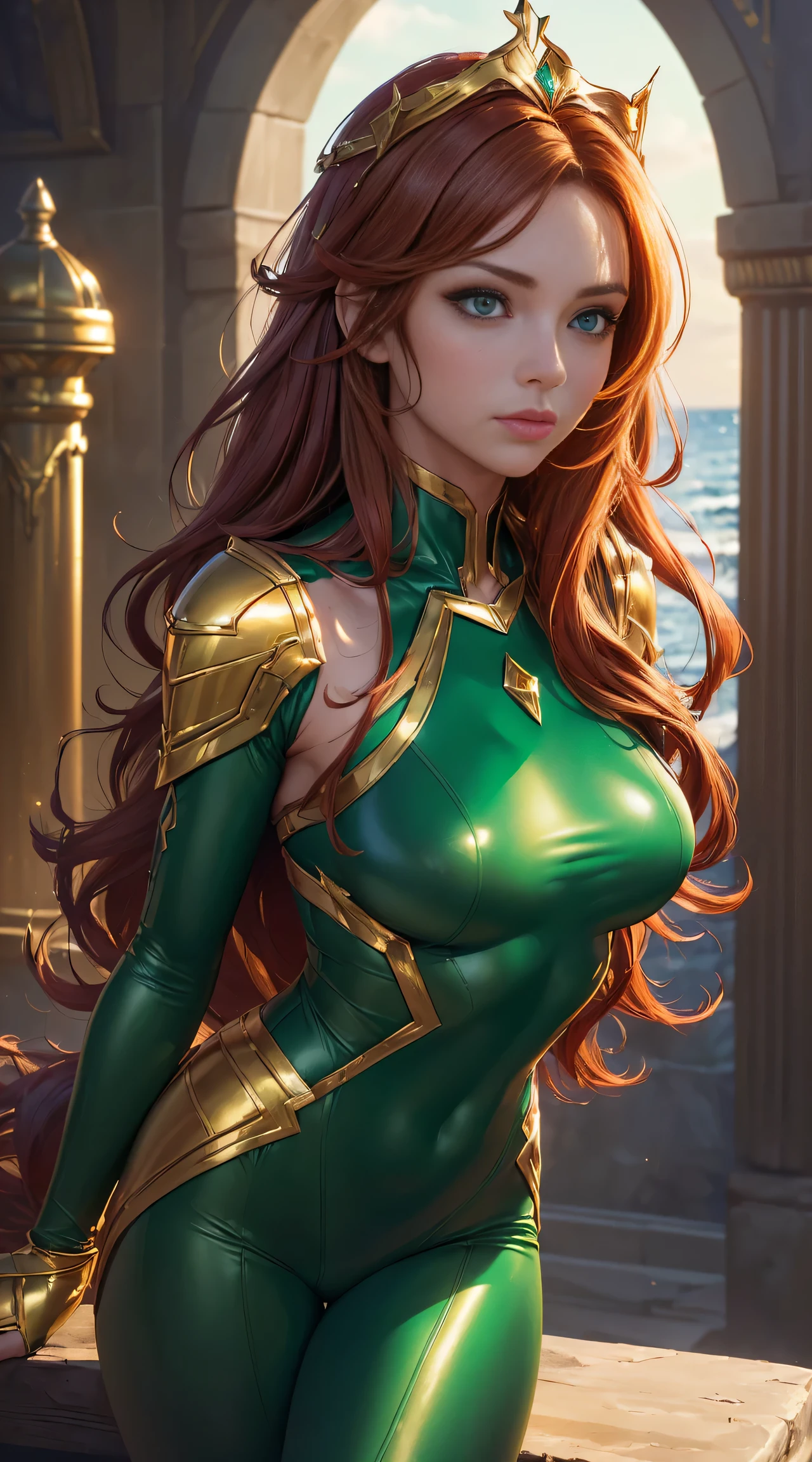 (((, strong, attractive, sexy, powerful, tan skin female,)))( red hair wavy, bangs, long hair, (green eyes, statuesque oblong-shaped face, vivacious eyes, tone, long,) character shot (masterpiece), (ultra-detailed), (perfect detaill, fine and beautiful), beautiful face, beautiful eyes, (detailed face, detailed eyes), detailed lip, shiny skin, oil skin, shiny hair, sense of depth, depth of field, dynamic angle, scenery, dramatic lighting, volumetric lighting, golden hour, dangerous::2,(science ,fantasy),((magic, futuristic fantasy))  gold crown on her head, skin tight green bodysuit with gold trim, queen of atlantis, by the ocean