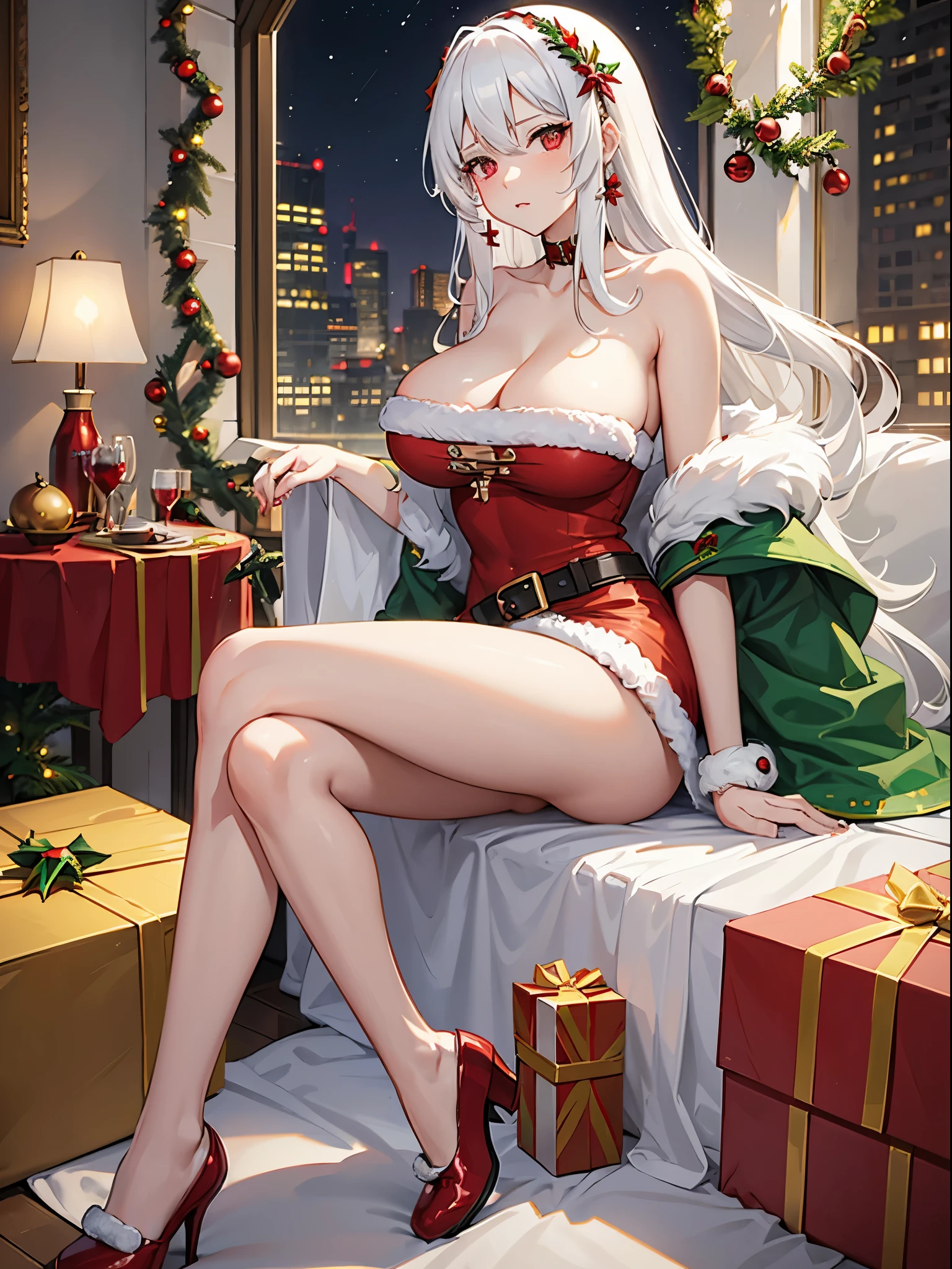 Female, White Hair, Big Boobs, Long Hair, Red Eyes, Wearing Christmas Costume, Collarbone, No Pants or Skirt, Christmas Shoe, Sitting on the floor, Inside a building, Christmas Tree in the background,