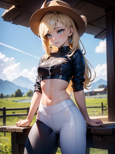 AppleJack, AppleJack from my little pony, AppleJack in the form of a girl, long hair, Wild hair, cowboy hat, apple earrings, on a farm with apple trees, steampunk style, a lot of magic, lightning nets, best quality, very detailed, ultra 8k resolution, (cum on clothes:1.5), , Cyberpunk. 1girl, female, sozinho, background with buildings far away, avenida, luzes vermelhas, Preto e branco (melhor qualidade), (realista,fotorrealista:1,37), (obra prima), linda garota, middlebreasts, top vermelho, black legging pants, (cum on leggings:1.4), blush, humiliated, nsfw, ((girl masturbation))