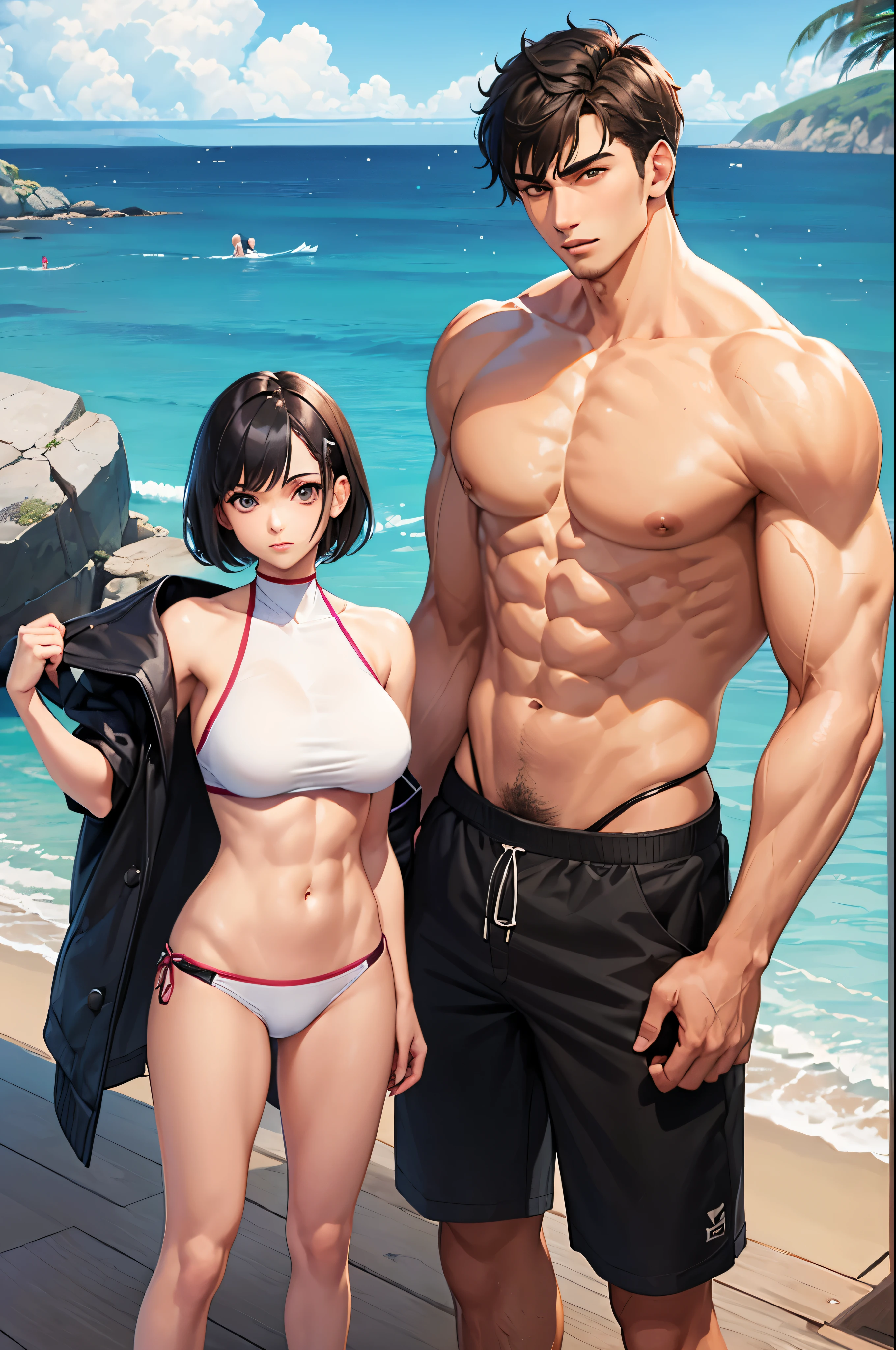 ((1 guy 1 girl)), young, v shaped torso, wide shoulders, narrow waist, 8 pack abs, tan, black hair, short hair, hot, muscular, beach, swim trunks, caucasian,white, cool, standing next to girlfriend, (((huge tits))), pink hair girl, height difference, size difference,