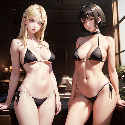 masterpiece, best quality, ultra detailed, beautiful face, beautiful skin, professional lighting, 2girls, (((on the right is flat chest girl with short black hair, on the right is wearing black bikini))), (((a little further away on the left is large breasts girl with long blonde hair, on the left is wearing white bikini))), full body, on sofa