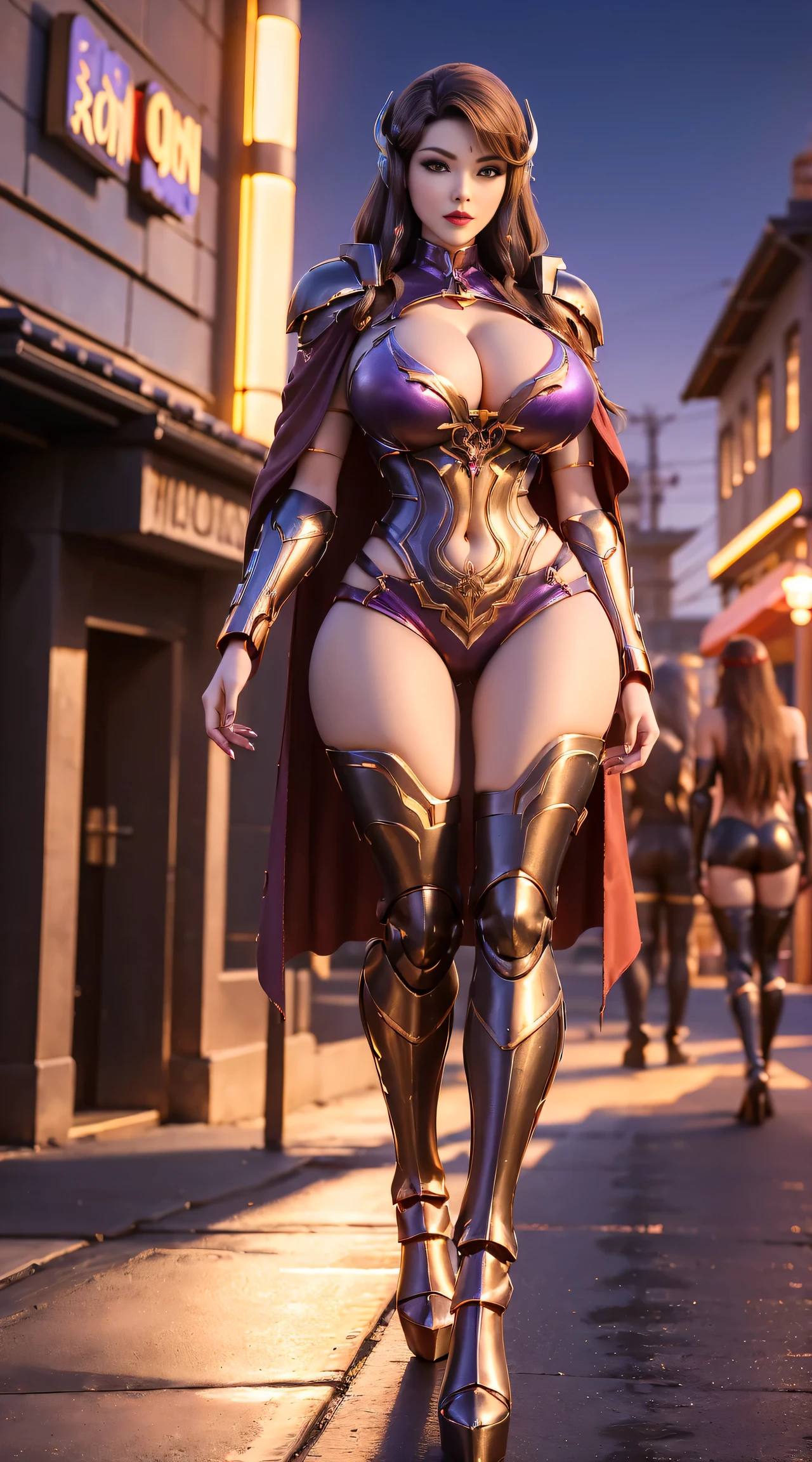 1GIRL, SOLO, (ssmile, makeup, beautifull eyes, red libs, brown hair, gold dragon helm), (HUGE FAKE BOOBS:1.3), (GUARD ARM), (black, purple, IN FUTURISTIC DRAGON ARMOR, GIRL IN MECHA CYBER ARMOR, ROYAL CAPE, CLEAVAGE, BLACK SKINTIGHT HOTPANTS, HIGH HEELS:1.5), (SLENDER BODY, SEXY LONG LEGS, FULL BODY:1.5), (LOOKING AT VIEWER:1), (WALKING DOWN ON STREET NIGHT CHERRY TREES:1.HYSICALLY-BASED RENDERING, ULTRA HIGHT DEFINITION, 8K, 1080P.