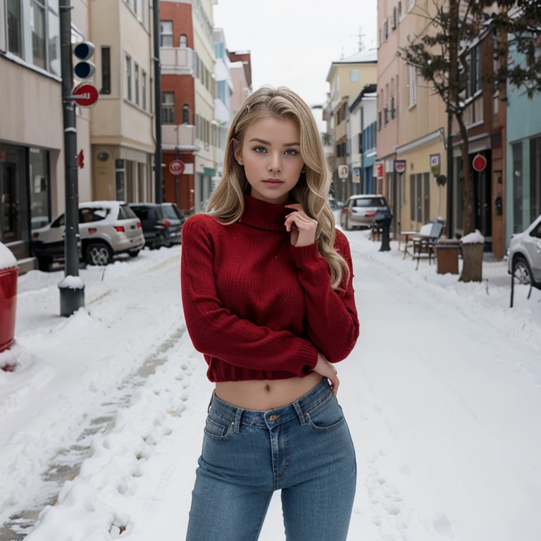 araffe woman in a red sweater and jeans standing in the snow, cute woman, beautiful nordic woman, blond hair, short hair, wavy hair, style of julia razumova, gorgeous female, in style of kyrill kotashev, anna nikonova aka newmilky, cute girl, stunning woman, attractive girl, gorgeous lady, gorgeous young model, beautiful female, street fair