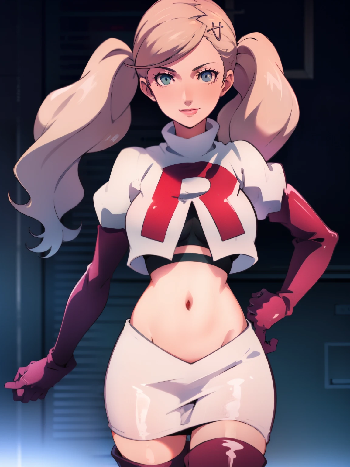 AnnTak, glossy lips ,team rocket uniform, red letter R, white skirt,white crop top,black thigh-high boots, black elbow gloves, evil smile, looking at viewer, cowboy shot