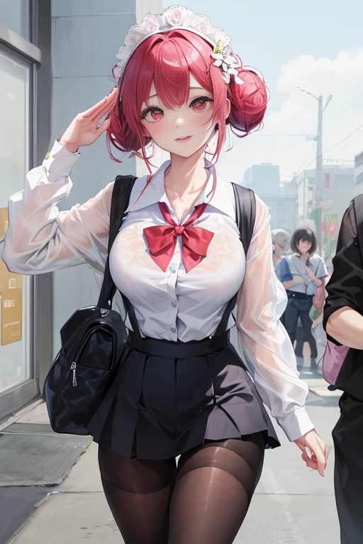 tmasterpiece、Need、1 female student、a blue dress,White cloth bun bun bun、Shoulder leakage、The chest is large、chubbiness、ssmile、Black suspender tights、lace leggings、pale pink lip、posing at school,(drenched all over the body),legs are open, 独奏, White polo shirt, looking at viewert, (Thigh thick:1.0),Yazawa Nico,red eyes, face flushed,Blunt hair,Flower headdress,Carrying a school bag,saluting