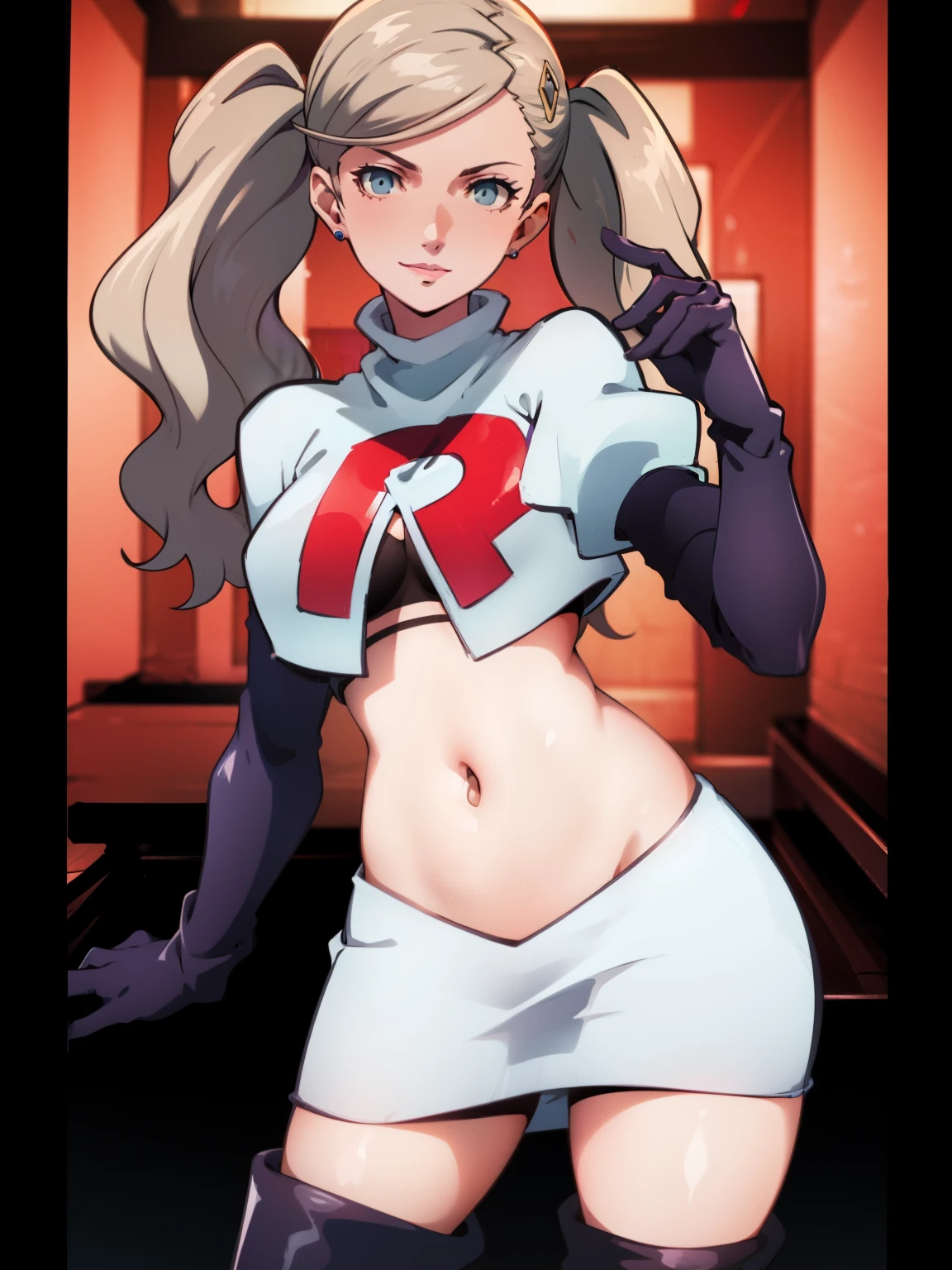 AnnTak, glossy lips ,team rocket uniform, red letter R, white skirt,white crop top,black thigh-high boots, black elbow gloves, evil smile, looking at viewer, cowboy shot