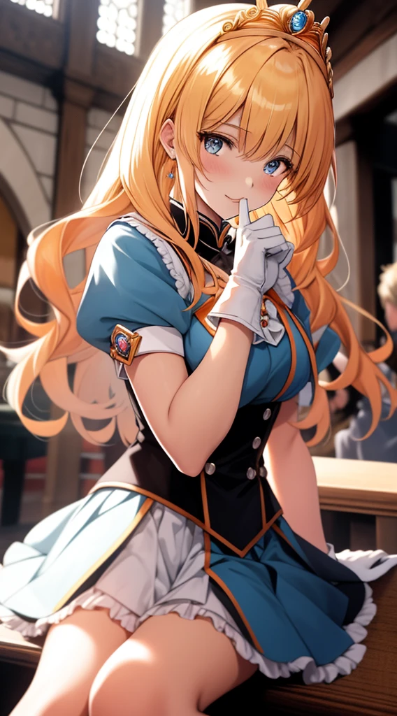 Meisterwerk, best quality, hight resolution, Venus1, 1girls, nur, Matrosen-Senshi-Uniform, Sailor Venus, Aino Minako, blondes Haar, magical girl, blaue Augen, Orangefarbener Rock, Ellbogen-Handschuhe, Tiara, Faltenrock, Haarschleife, orangefarbener Matrosenkragen, Minirock, Halskette, Rote Schleife, orange Halskette, white gloves, sehr langes Haar, Schmuck, Ohrringe, sitzend, gekreuzte Beine,