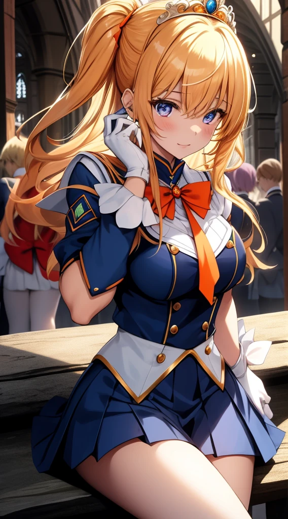 Meisterwerk, best quality, hight resolution, Venus1, 1girls, nur, Matrosen-Senshi-Uniform, Sailor Venus, Aino Minako, blondes Haar, magical girl, blaue Augen, Orangefarbener Rock, Ellbogen-Handschuhe, Tiara, Faltenrock, Haarschleife, orangefarbener Matrosenkragen, Minirock, Halskette, Rote Schleife, orange Halskette, white gloves, sehr langes Haar,  Schmuck,  Ohrringe, sitzend, gekreuzte Beine,