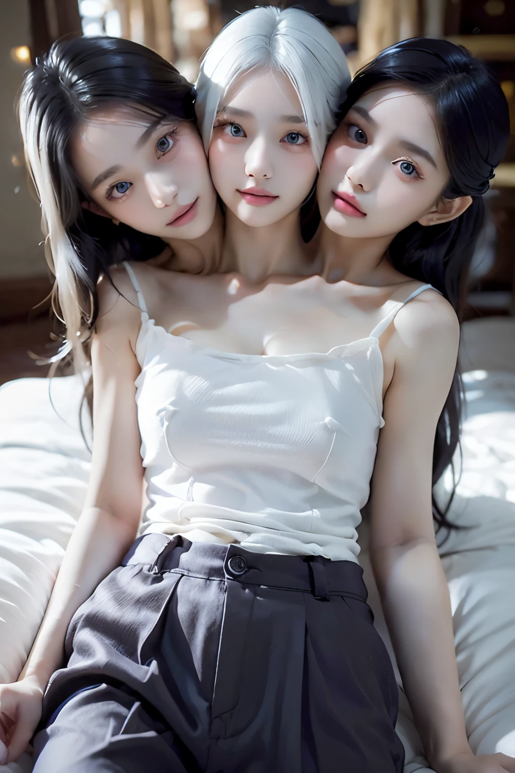 (masterpiece, best quality), best resolution, (3heads:1.5), 1girl, bored, white hair, extremely long hair, purple eyes, close-up, facing viewer, eyes halfway closed, black tank top, white polka dot long pants, on bed, raining outside, rainy day, dark clouds