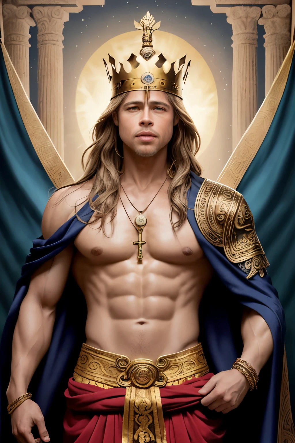 A close-up portrait shot of Brad Pitt as an ancient god, his features etched with an aura of divine wisdom and power. His eyes, piercing and deep like the ocean, gaze directly into the viewer's soul. His skin glows with a warm, golden hue, reminiscent of the sun god Apollo, and his long, flowing locks cascade down his broad shoulders, adorned with a crown of laurel leaves. He is dressed in elaborate ancient garb, consisting of a flowing chiton draped over one shoulder and held in place by a bronze brooch, and a himation cloak draped around his shoulders. The garments are intricately embroidered with images of mythical creatures and symbols of his divine dominion. Around his neck hangs a pendant depicting a serpent entwined around a staff, a symbol of the god Hermes. His physique is that of a demigod, muscles rippling beneath the fabric of his clothes, evoking a sense of strength and virility. The background is a tapestry of rich blues and golds, reminiscent of ancient murals and frescos, further emphasizing his divine connection to the past.