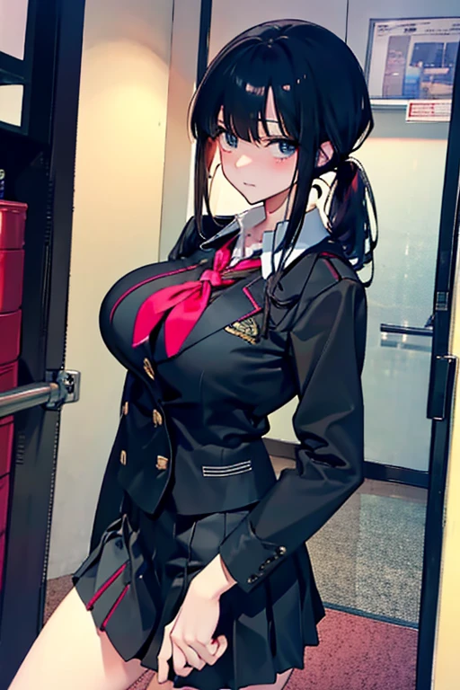 black hair, sexy , ponytail, school uniform, giving a boobjob, white bra, blushing, large breast