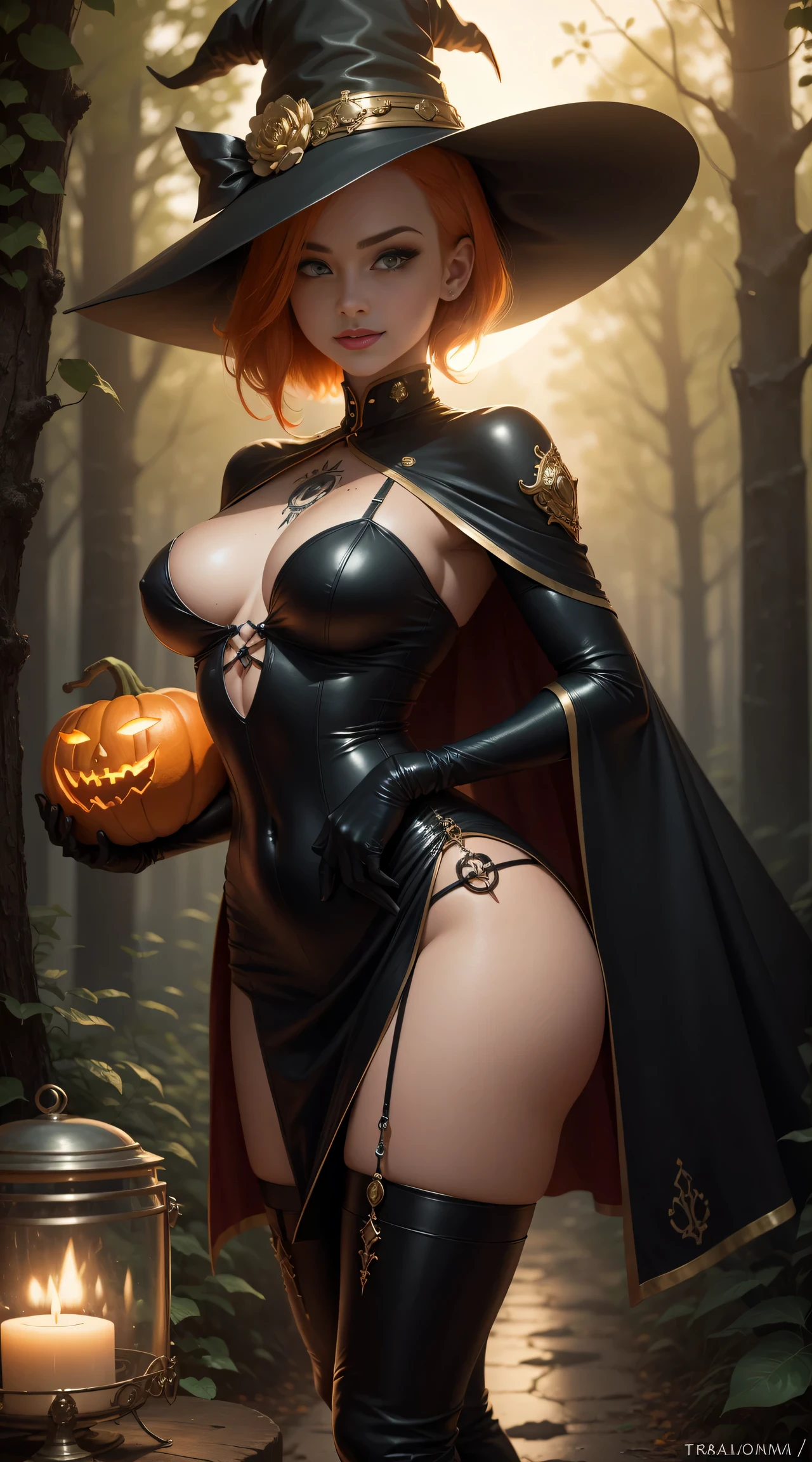 gwen tennyson,tracer,bulma,rebecca chambers,1girl,close up,moonlight,witch costume,gold neck jewelry,body tattoos,short hair,witch dress,tight skirt,pumpkin village,witch cape,gothic corset,halloween forest,gold,amulets,glowing cauldron, gothic piercings and tattoos, white tribal top,green eyes,orange hair,shy smile,freckles,redhead,beautiful girl,large breasts,thigh high boots,ultra detailed,realistic,fantasy art,black cat,witch hat,