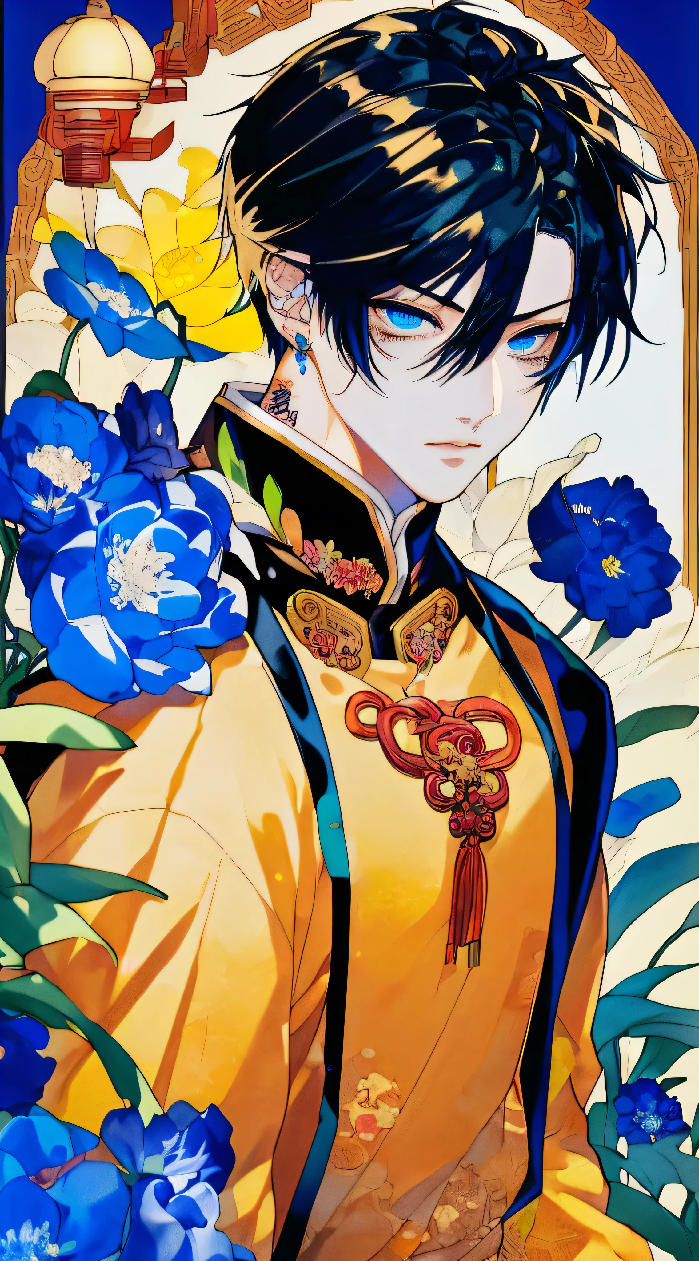 ((((face closeup)))), male person,((Masterpiece)), ((Best quality)), Ultra detailed,((illustration)), Dynamic Angle, Detailed light, (Delicate eyeloating, 1boy, Male focus, Dragon's horn,tmasterpiece,best qualtiy,1人,独奏,Handsome,Golden eyeine eyes and detailed face,topless,Tattooed with,arma,seated on a throne,pervert smirk,Abs,chest muscle,Raised sexy,Ruffian,Erlang legs, Clothing, Yellow eyes, necklace, tattoo,, (Forehead:0.8), (ahoge:0.8), jewelry, apathy,Ray, chest muscle, Sexy ,frontage,style of anime4 K, 4K anime wallpaper, Badass anime 8 K, 4 k comic wallpaper, young anime man, Anime boys, Anime wallpapers 4 k, Anime wallpaper 4K, High quality anime art style, Anime moe art style, Anime art wallpaper 8 K, Anime art wallpaper 4 K, RGB lighting