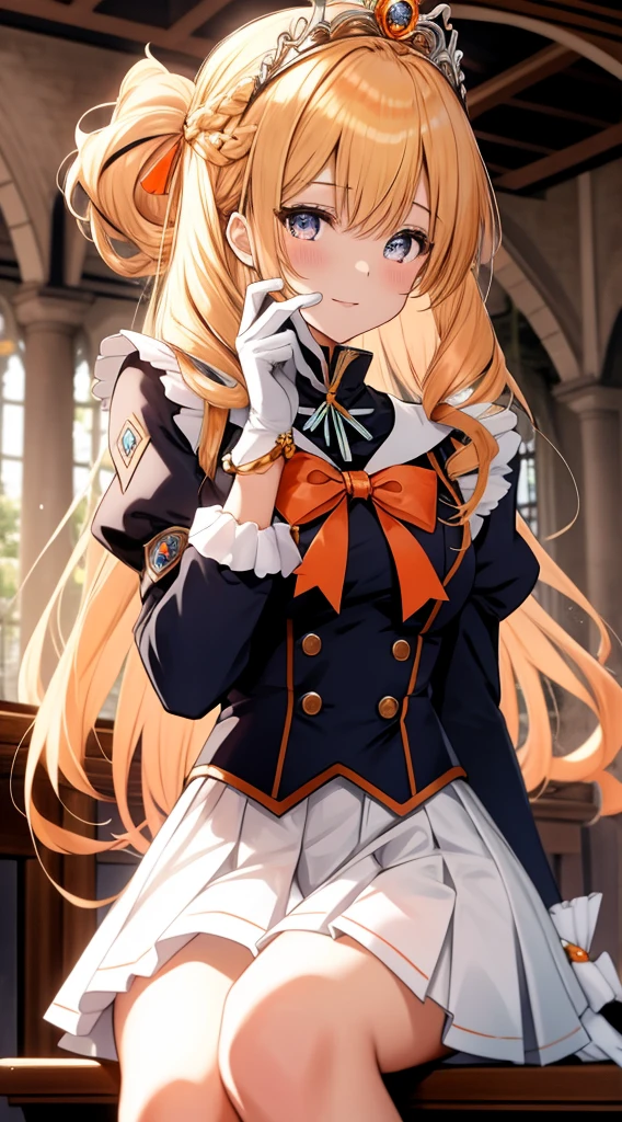 Meisterwerk, best quality, hight resolution, Venus1, 1girls, nur, Matrosen-Senshi-Uniform, Sailor Venus, Aino Minako, blondes Haar, magical girl, blaue Augen, Orangefarbener Rock, Ellbogen-Handschuhe, Tiara, Faltenrock, Haarschleife, orangefarbener Matrosenkragen, Minirock, Halskette, Rote Schleife, orange Halskette, white gloves, sehr langes Haar, Schmuck, Ohrringe, sitzend, gekreuzte Beine,